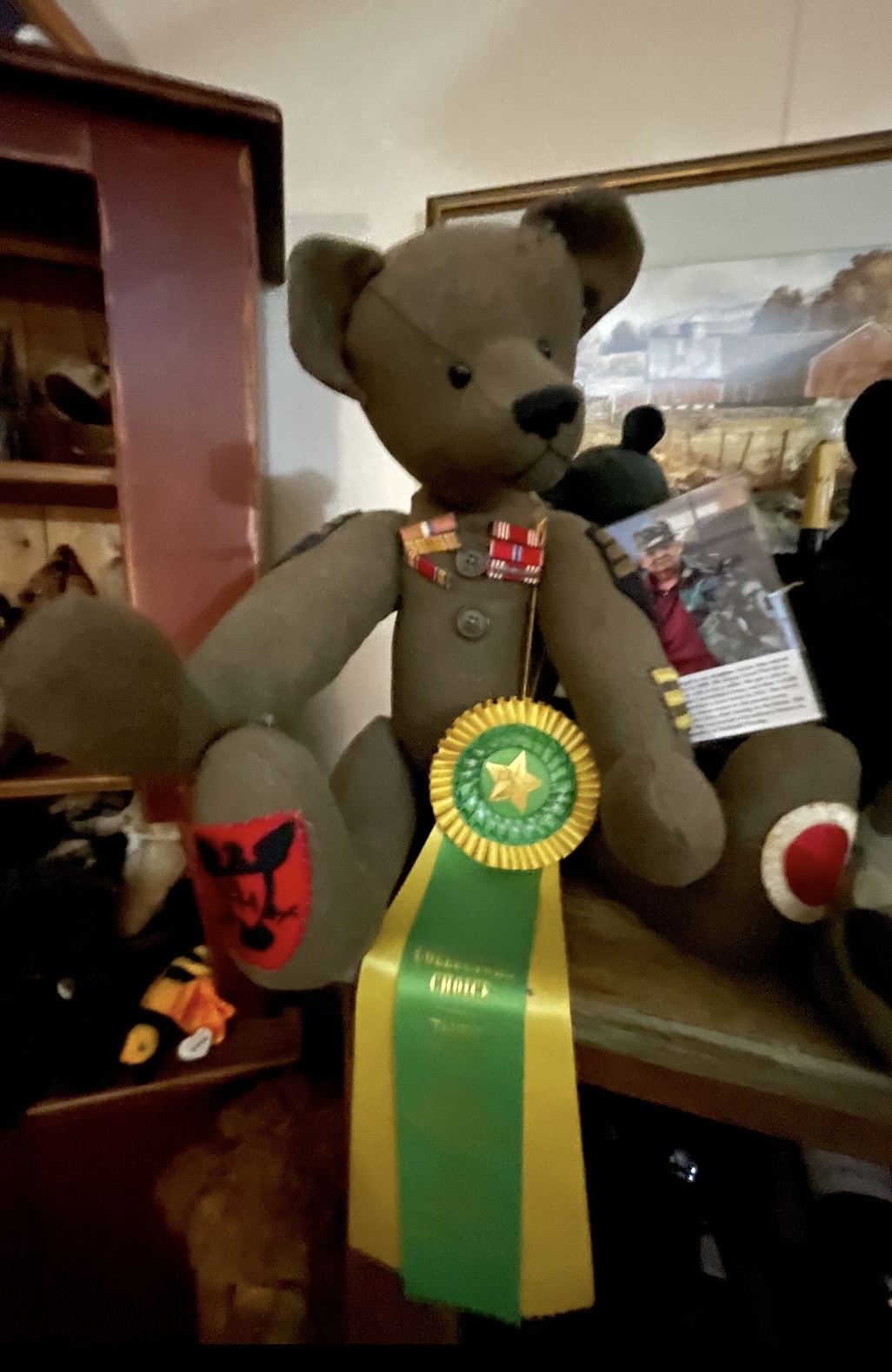 Military-inspired bear displayed with an award ribbon