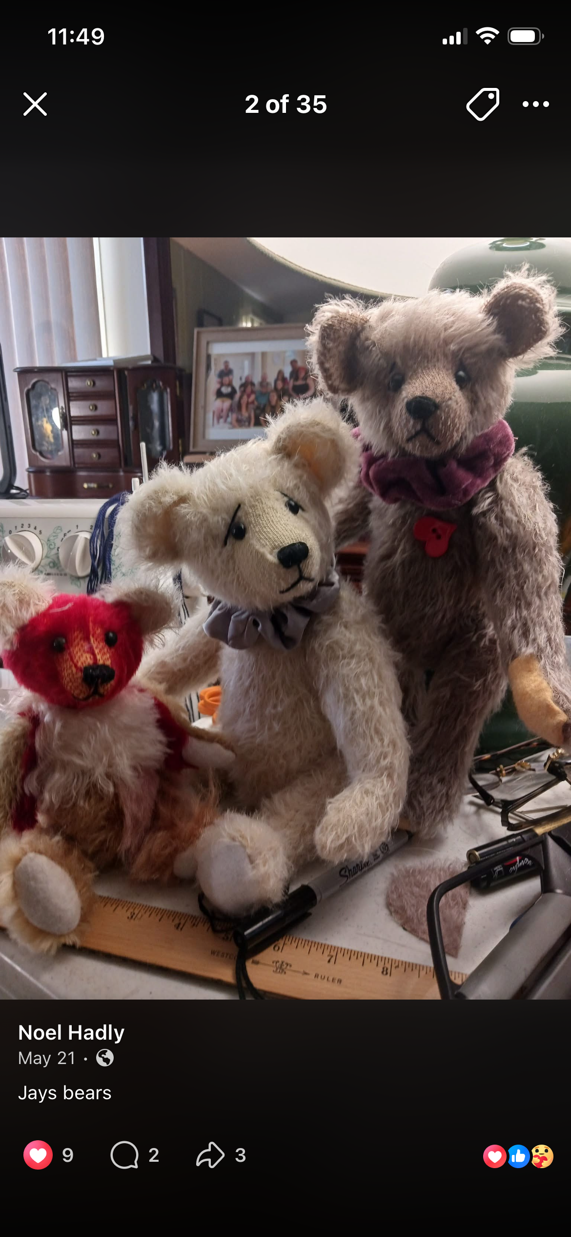 Three handmade bears together on Jay's worktable
