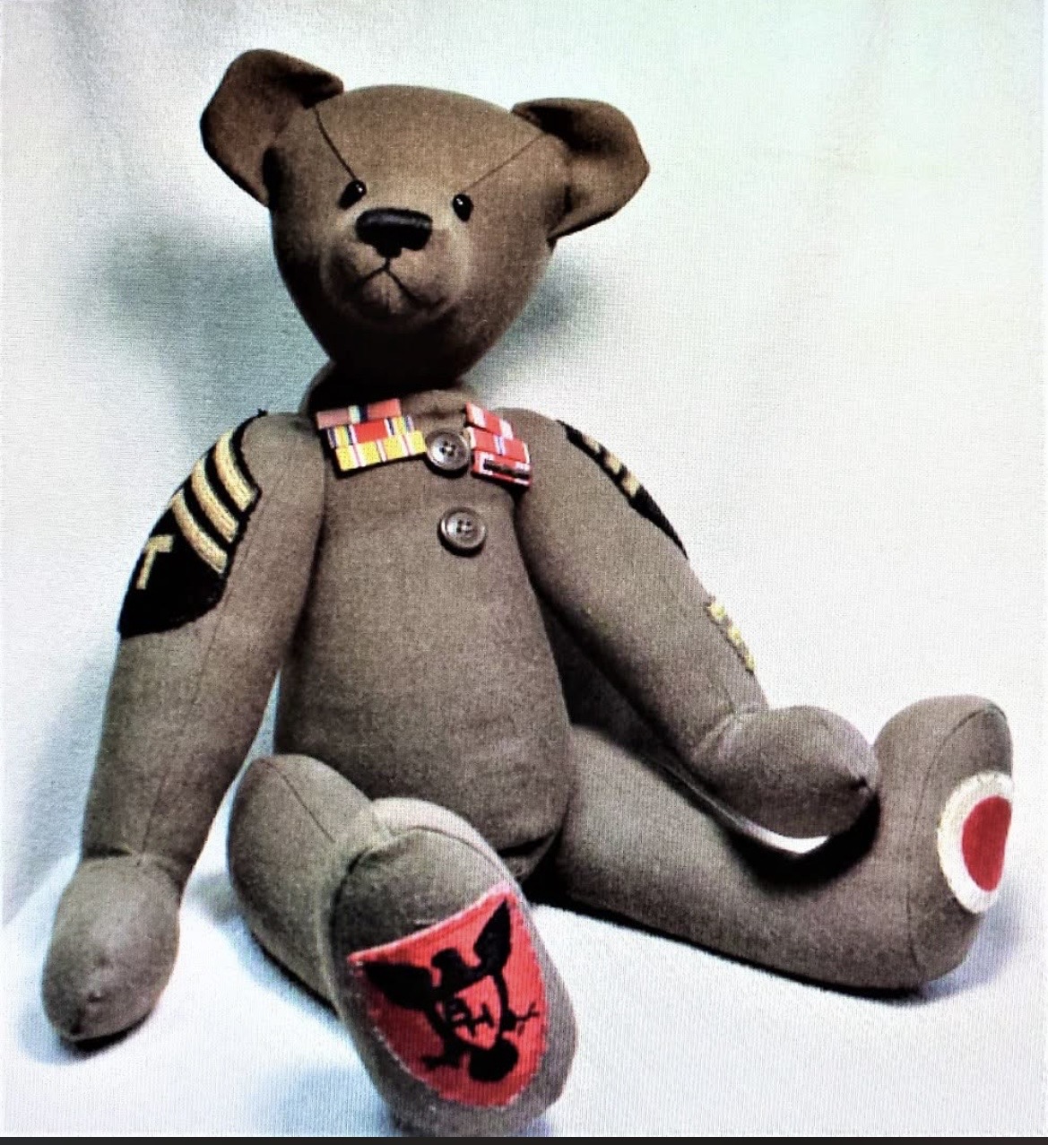 Handmade brown military service bear with ribbons and patches